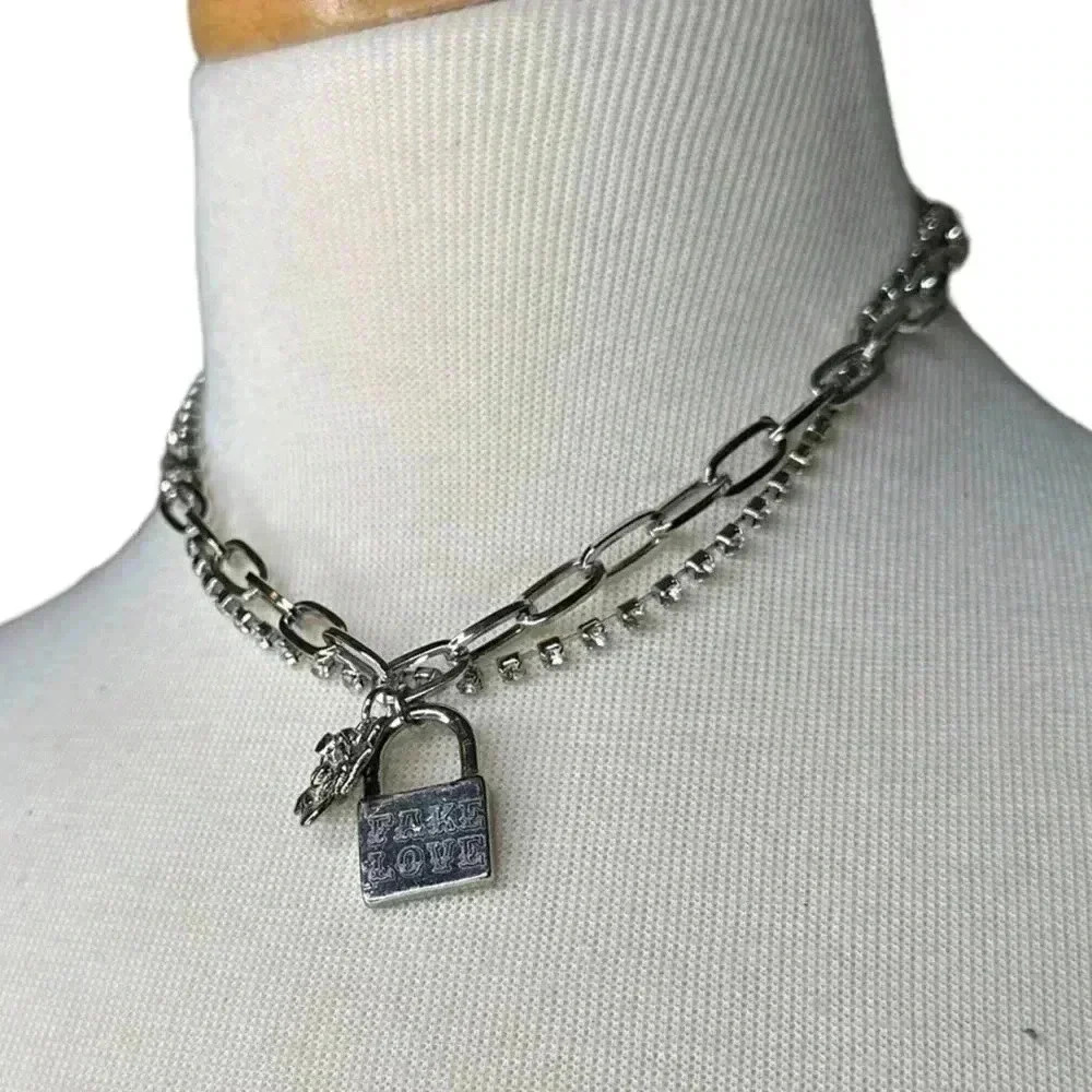 silver layered choker women's chain necklace pink fake love rose pendent lock - Picture 2 of 8